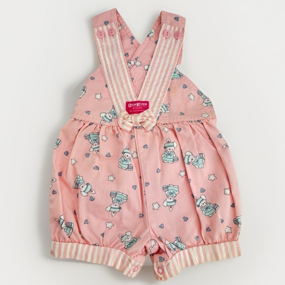 VINTAGE Osh Kosh Overalls Girls 3T Pink Bunny Rabbit Easter Print USA